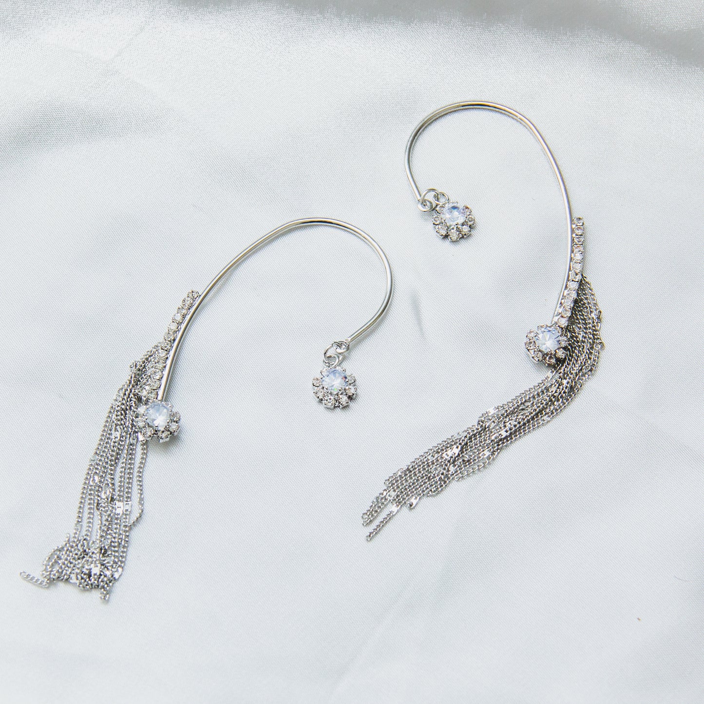 Rhinestone Chain Ear Cuffs - Silver
