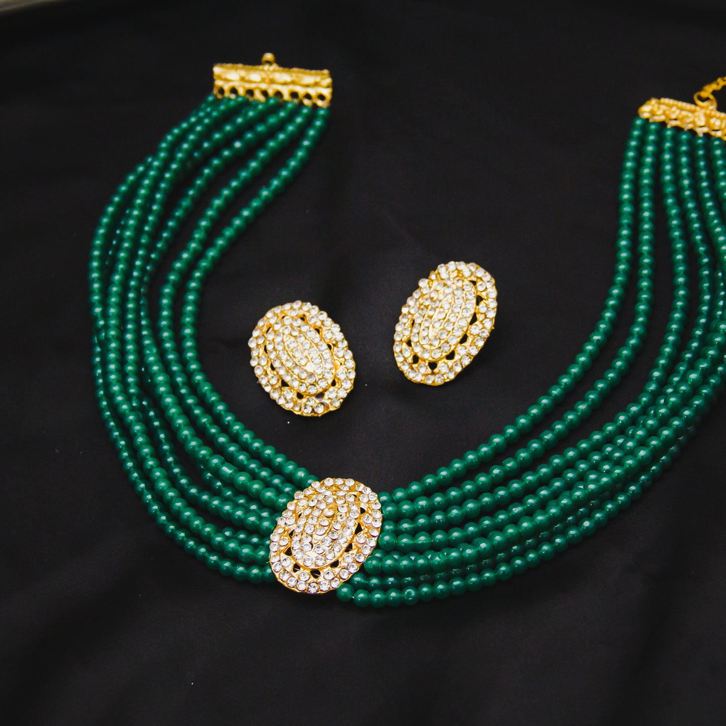 Oval 8 Layered Necklace Set - Dark Green