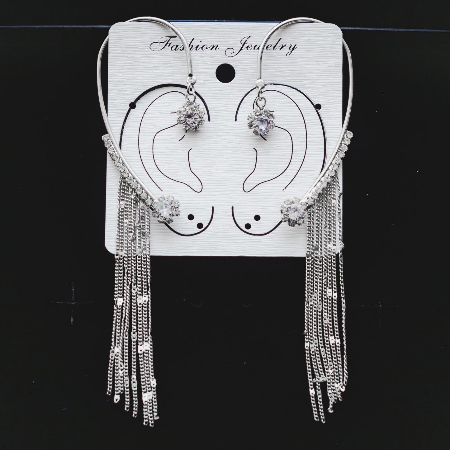Rhinestone Chain Ear Cuffs - Silver