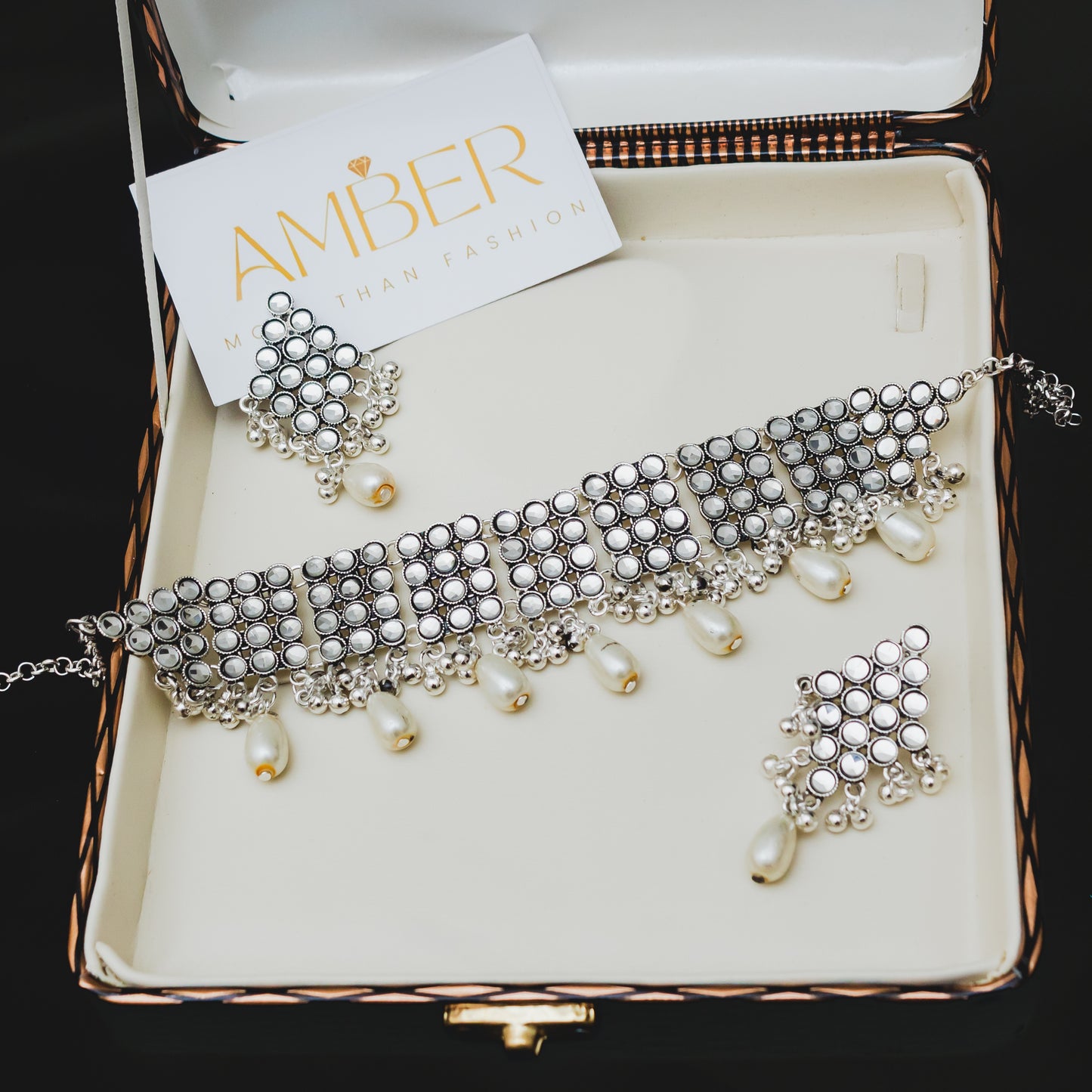 Kundan Necklace Set - Silver